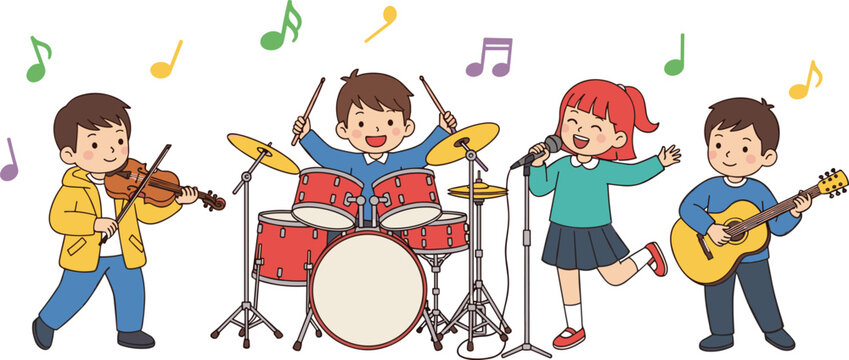 Cute children music band playing violin drums microphone and guitar in colorful cartoon vector illustration