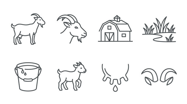 Farm Animal Icons: Goat, Barn, Milk Bucket, Udder, Grass, Horns - Line Art