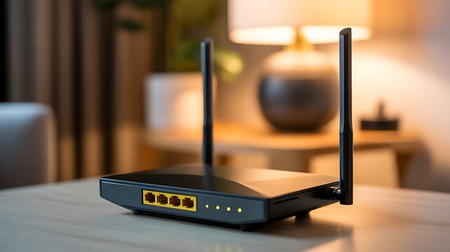Wireless router with antennas on table in modern home interior for internet connectivity and networking concept