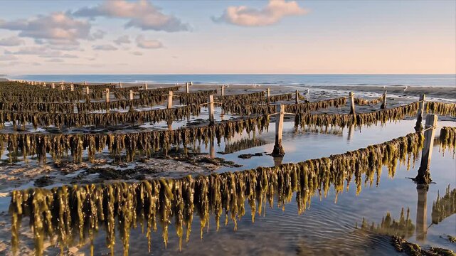 View of an Oyster Farm on the Coast during golden hour Tide is low Showing Long Rows of Oysters and Wooden Supports