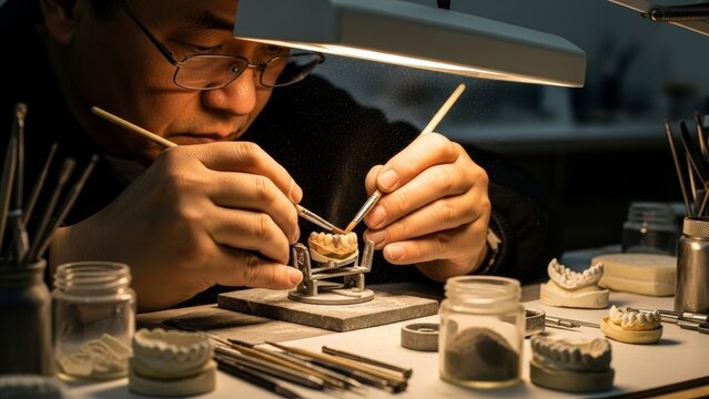 Dental - Asian Male Dental Technician Carefully Applying Ceramic Glaze to Prosthetic Teeth Model in Laboratory