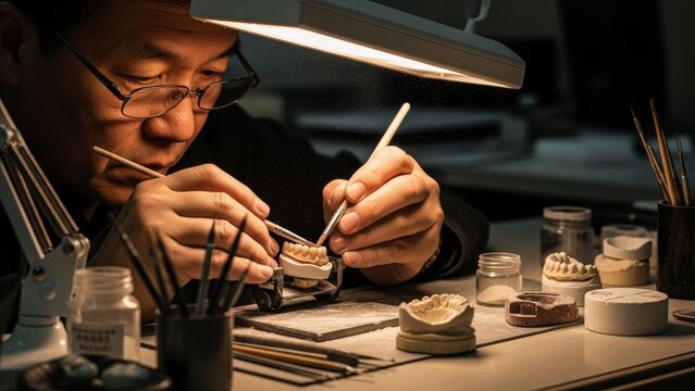 Dental Lab - Asian Technician Carefully Painting Ceramic Dental Prosthetics on Articulator Under Bright Lamp