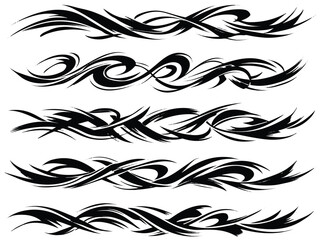 Fototapeta premium Print Expressive Calligraphic Line Pattern Strips, Fluid Brush Stroke Texture, Dynamic Pressure and Tapered Edges, Gestural Motion Lines, Black Ink on White Background, Clean Modern Vector Set