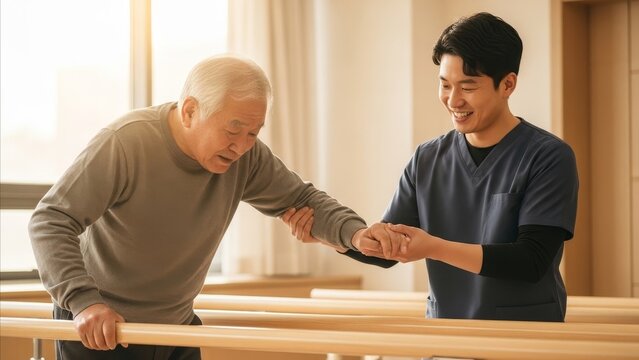 Medical - Asian Elderly Man Receiving Physical Therapy Assistance from Young Male Nurse Using Parallel Bars