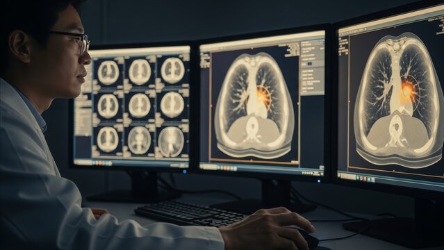 Medical - Asian Male Radiologist Analyzing Chest CT Scan Images on Multiple Computer Monitors in Dark Radiology Lab
