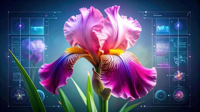 Vivid iris blooms, accented by futuristic digital overlays in a gradient