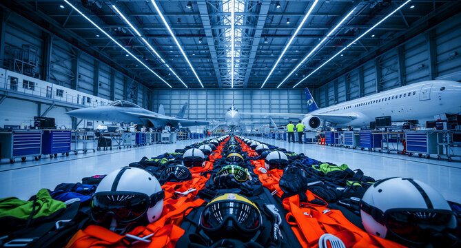 Pilot helmets and flight gear organized in a large aircraft hangar. Fighter jet and airliner undergo maintenance in a modern facility. Aviation logistics and pilot training industry concept.