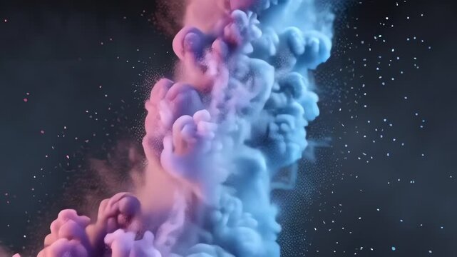 Vibrant pink purple blue smoke explosion with swirling particles creating an abstract dynamic background