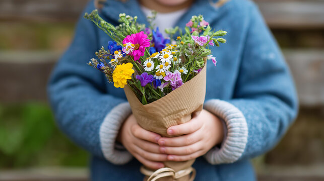Close-up of child hands holding a simple wildflower bouquet wrapped in brown paper with twine, handpicked flowers gift, rustic nature concept, spring celebration, with copy space