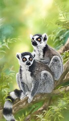 Fototapeta premium Adorable Lemurs Bathed in Gentle Jungle Light A Delicate Watercolor Wildlife Illustration
