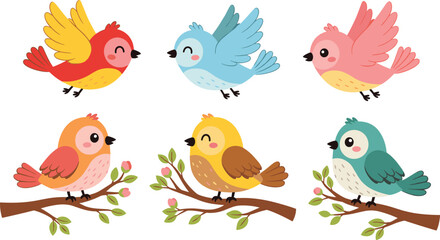 Fototapeta premium Cute colorful cartoon birds collection with flying and perched songbirds in adorable vector illustration set