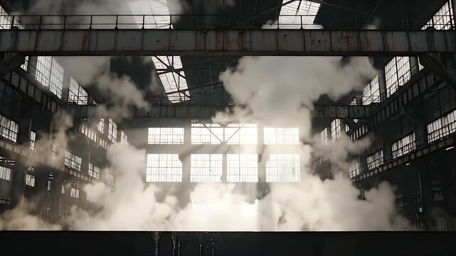 White Smoke Rising Inside Derelict Industrial Factory with Steel Beams and Broken Windows in Sunlight