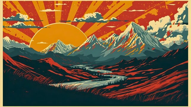 Vintage retro mountain landscape poster with sunrise rays and river valley illustration