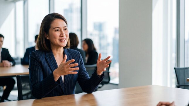 Confident businesswoman in pinstripe suit explaining strategy with expressive hand gestures in modern office meeting, professional collaborative atmosphere and urban skyline view