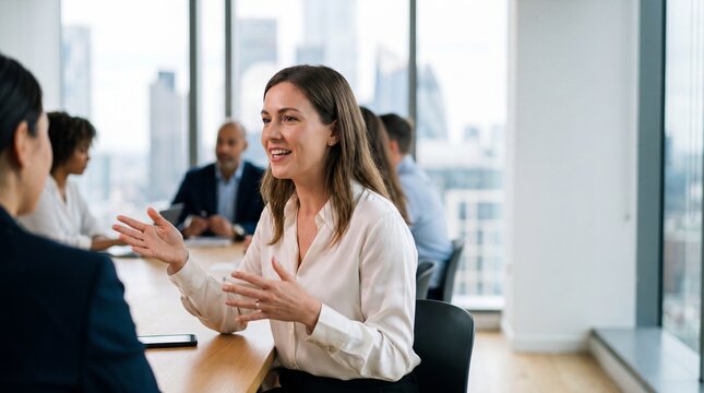 Businesswoman speaking at modern office meeting, confident expression and engaged body language conveying collaboration and professionalism