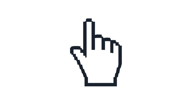 Digital pixelated hand pointer cursor icon pointing finger isolated white background flat graphic design retro computer interface navigation symbol element for web and internet application