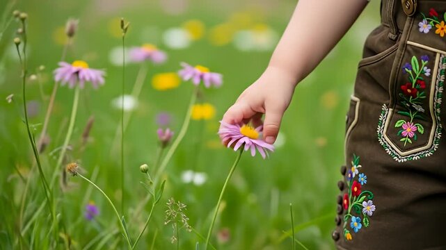 Child's hand gently touches a daisy in a field, wearing embroidered lederhosen