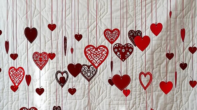Hanging red heart decorations on fabric for creative digital media and visual arts