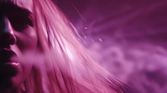 Close-up of a person screaming with powerful purple glowing smoke emanating from their mouth
