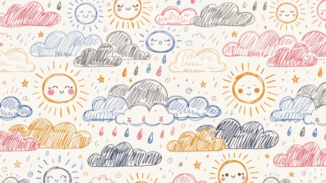 Cute seamless pattern featuring happy suns with blushing cheeks