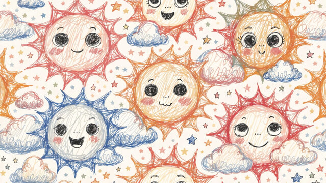 Cute seamless pattern featuring happy suns with blushing cheeks