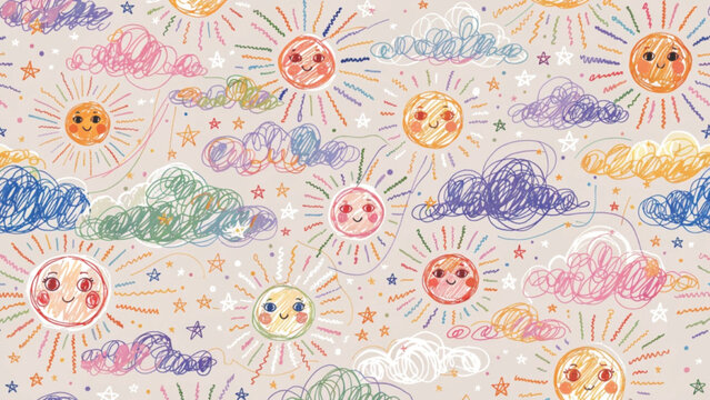 Cute seamless pattern featuring happy suns with blushing cheeks