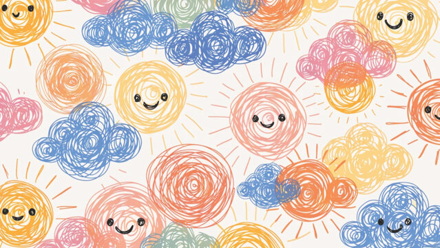 Cute seamless pattern featuring happy suns with blushing cheeks