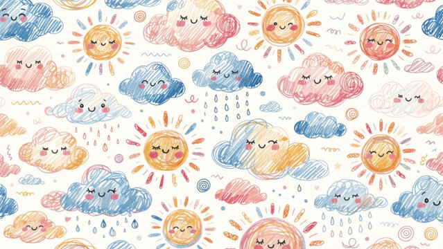 Cute seamless pattern featuring happy suns with blushing cheeks