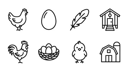 Farm Animal Icons: Chicken, Egg, Chick, Feather, Coop, Barn © Bambang