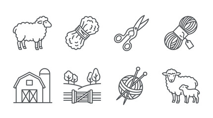 Sheep Farming Icons: Wool, Barn, Knitting, Scissors, Landscape © Bambang