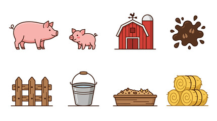 Cute Farm Animals and Elements: Pig Family, Barn, Hay, Mud, Fence, Bucket © Bambang