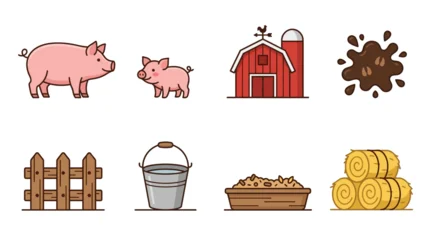 Fototapeten Zoo Cute Farm Animals and Elements: Pig Family, Barn, Hay, Mud, Fence, Bucket  © Bambang