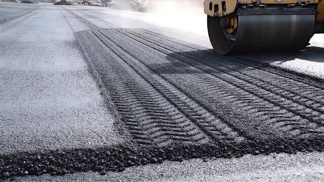 Yellow Asphalt Roller Compacting New Road Surface with Heavy Compaction and Pavement Construction and Renovation in