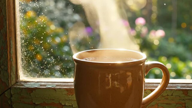 Close-up of a steaming mug on a rustic window sill, illuminated by golden light. Droplets on glass frame soft-focus garden, evoking warm, serene mood.