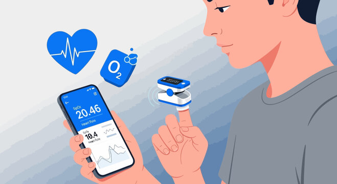 Person using pulse oximeter and smartphone app for health monitoring, heart rate and oxygen levels