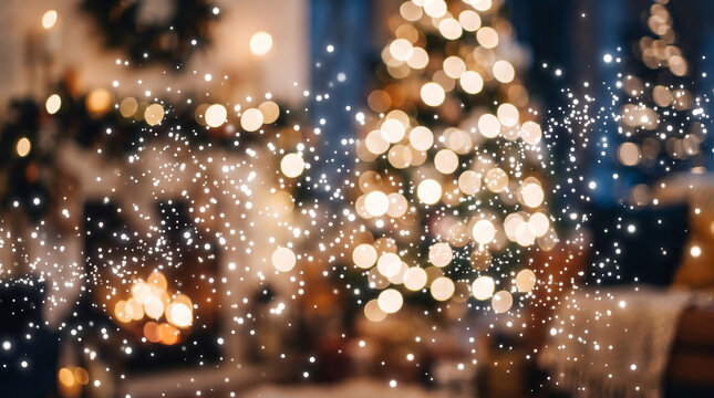 Sparkling light bokeh abstract glowing festive background with warm golden blur and white sparkle in dark night scene