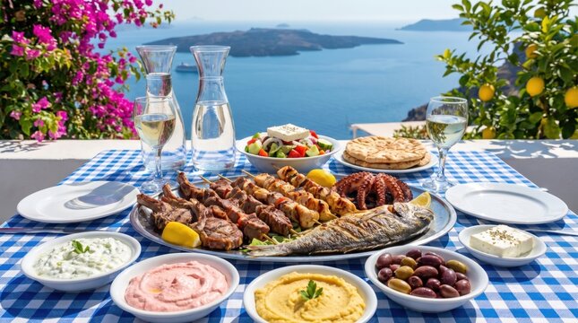Traditional Greek Mediterranean food feast on a terrace overlooking the sea in Santorini