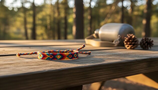 Horizontal photography of a colorful woven bracelet on a wooden table at a summer camp, representing a vacation friendship concept during a peaceful outdoor adventure in the woods