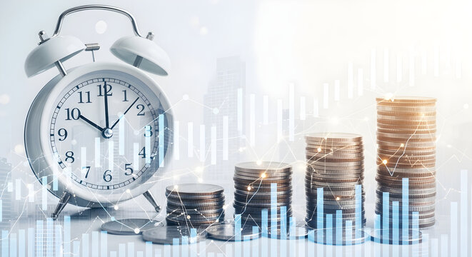 Time is Money Concept featuring a white alarm clock next to rising stacks of coins with financial stock market charts overlay for investment planning and financial growth marketing.