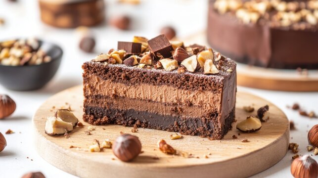 Close-up of a rich chocolate hazelnut cake slice