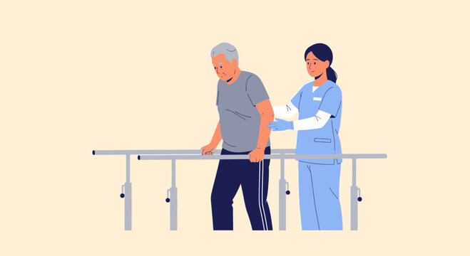 Physical therapist assisting elderly man walking with parallel bars for rehabilitation
