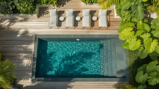 Luxury modern swimming pool with sun loungers and wooden deck surrounded by tropical plants in top view