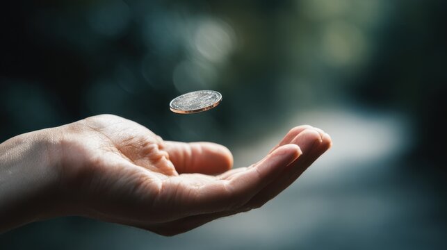 A hand tossing a coin in the air, decision-making moment. The coin is suspended mid-air above the open palm, suggesting a choice or gamble