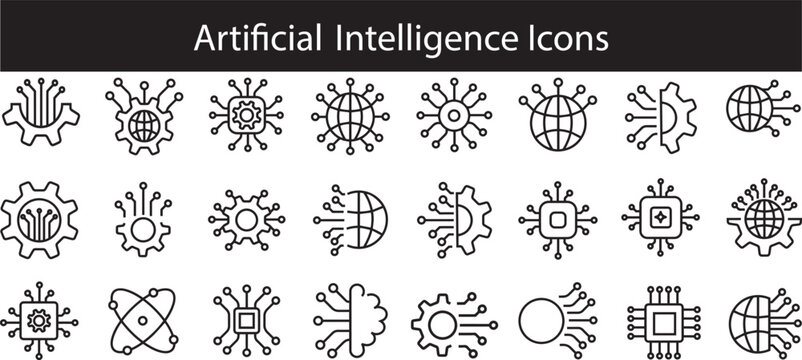 Artificial Intelligence icon set.AI Technology Line Icons Collection,symbols in clean outline style for UI/UX and web design.