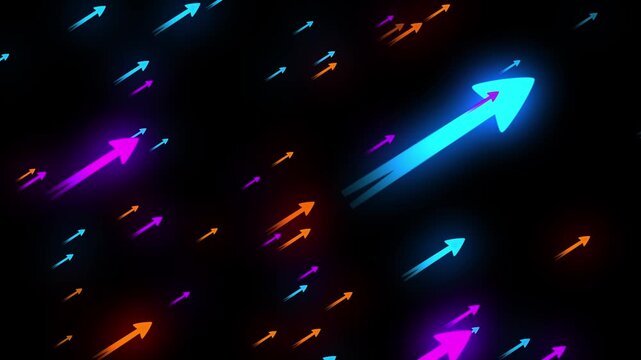 Animated glowing blue arrows moving upward on a black background. Futuristic digital growth, progress, success, and financial rise