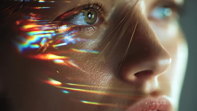 Close-up of woman's eye and face with vibrant rainbow light refractions, artistic beauty portrait