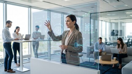 Fototapeta premium AI-Powered Business Intelligence – Female Leader Analyzing Data on Futuristic Digital Interface 