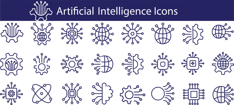 Artificial Intelligence icon set.AI Technology Line Icons Collection,symbols in clean outline style for UI/UX and web design.