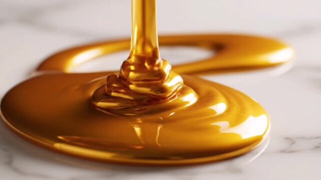 A luscious stream of golden honey cascades gracefully onto a cool marble surface, creating an elegant visual of rich texture and glistening sweetness.