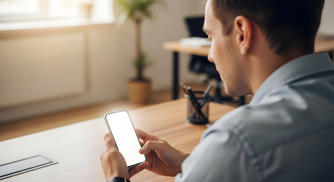 Man holding and looking at a blank screen smartphone